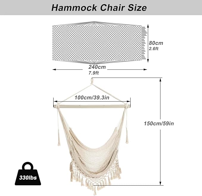 Hammock Chair,Max 330lbs, Large Hanging Chair, Soft Cotton Rope Swing Chair w...