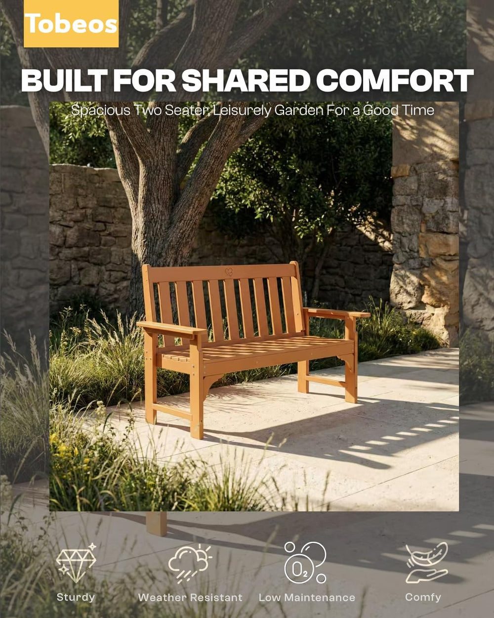 2-Person Outdoor Garden Bench, HDPE All-Weather Patio Bench with Backrest &am...