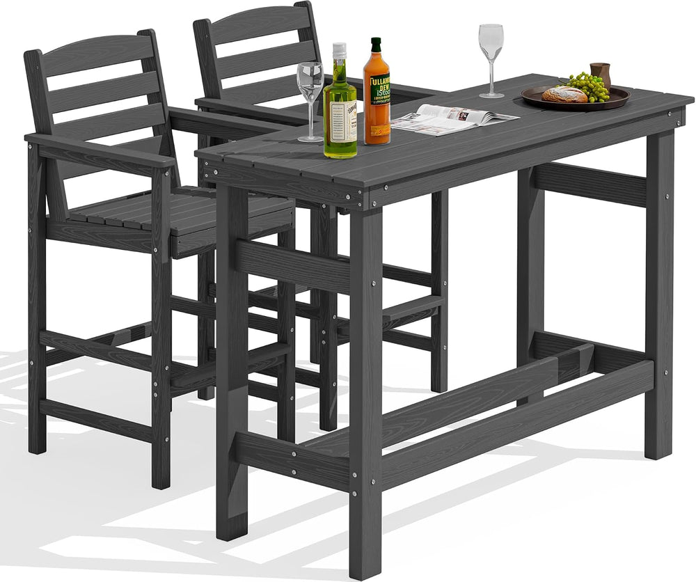 SERWALL Outdoor Bar Set, 2 Adirondack Bar Chairs & Bar Height Table, Grey