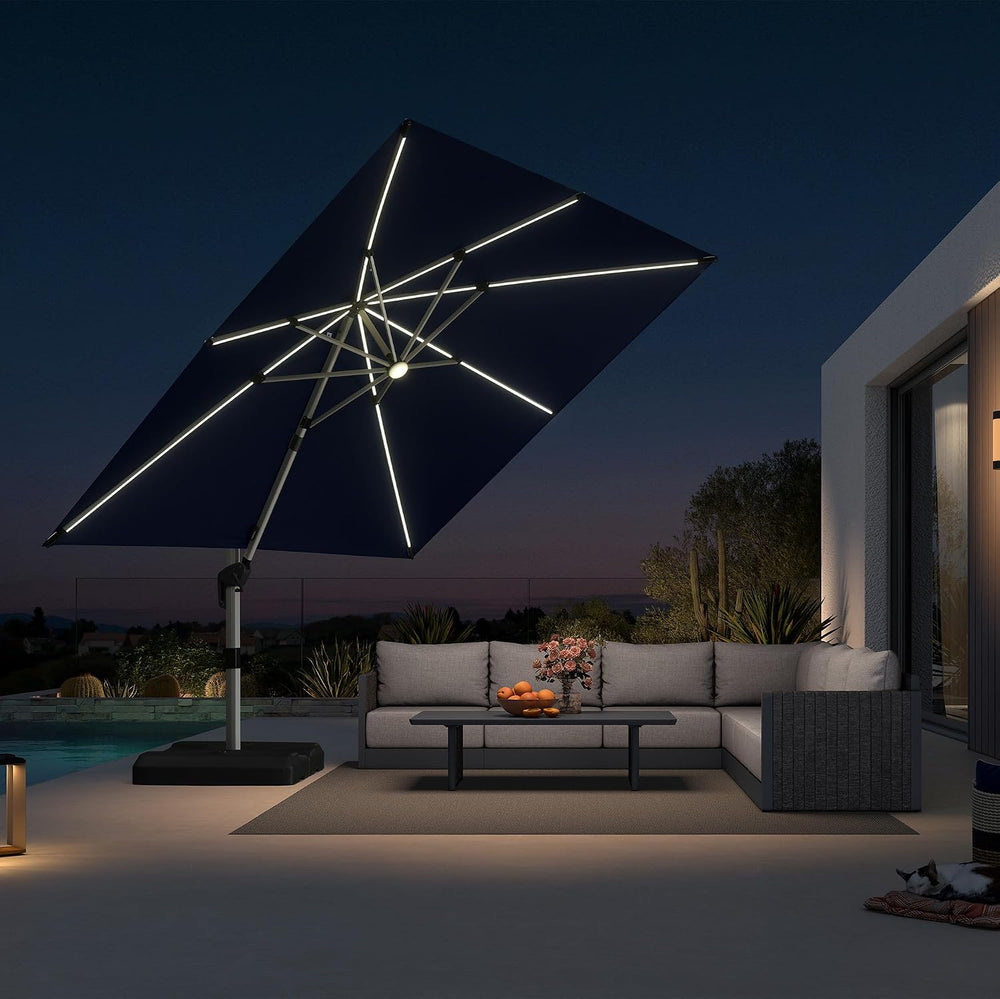 PURPLE LEAF Cantilever Patio Umbrella 10' X 10' Solar LED Light, Navy...
