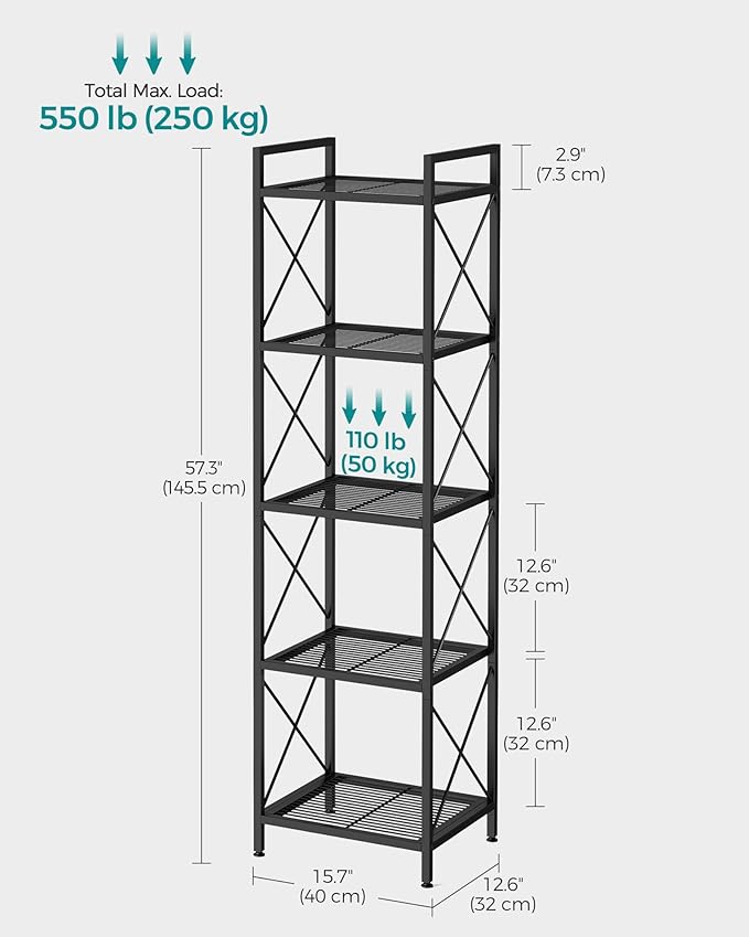 SONGMICS 5-Tier Metal Storage Rack, Shelving Unit with X Side Frames, Dense M...