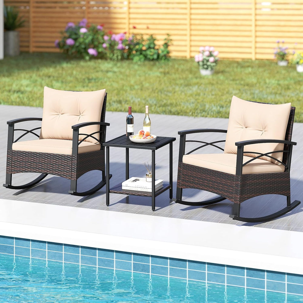 Tangkula 3 Pieces Wicker Outdoor Rocking Chairs Set