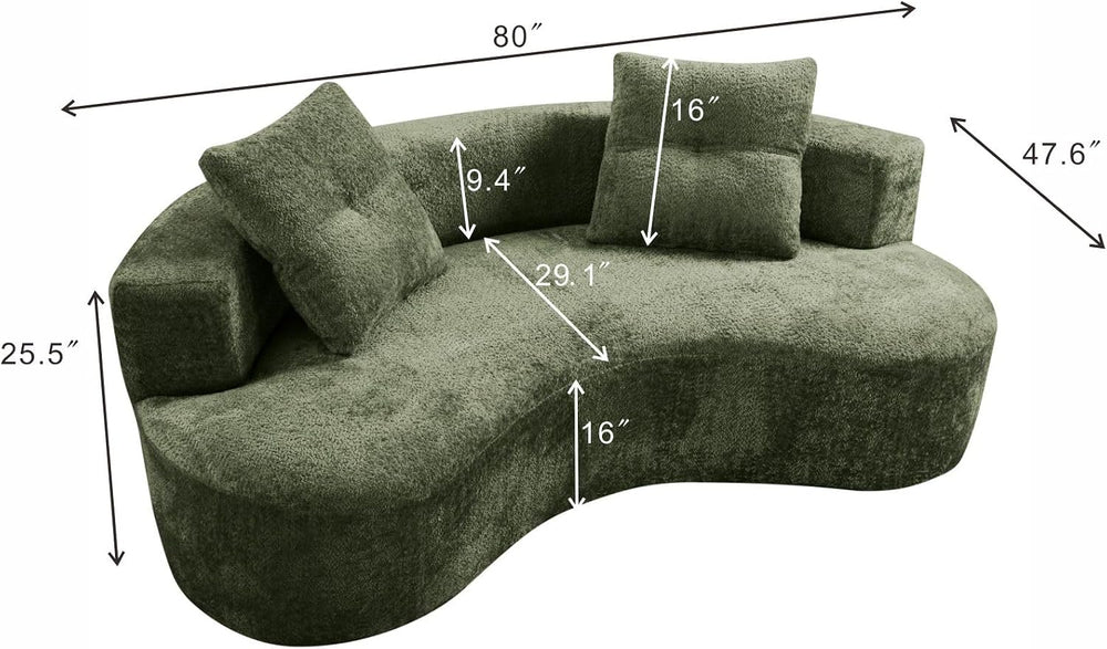 80" Boucle Curved Modular Boneless Sofa with 2 Pillows, Green