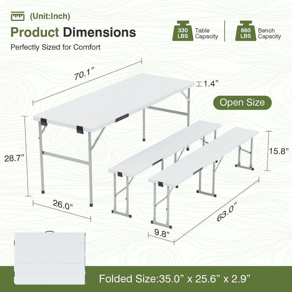 Picnic Table Set with 2 Benches,6 Feet Folding Camping Table Chair Set with W...