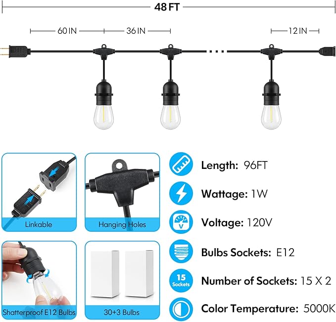 Lakumu 2-Pack 96FT Outdoor String Lights with Waterproof Shatterproof Dimmabl...