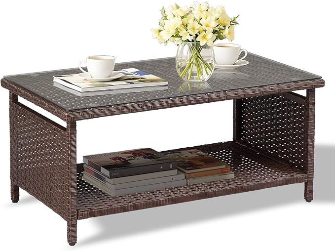 VINGLI Outdoor Wicker CoffeeTable Patio Coffee Tables for Outside, Tempered G...