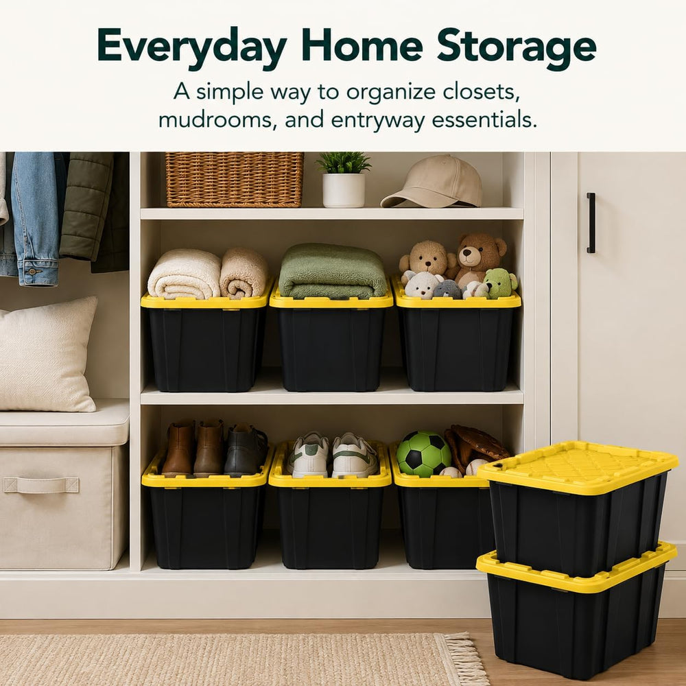 6-Pack 27Gal Stackable Storage Bins with Lids, Heavy Plastic, Black Yellow