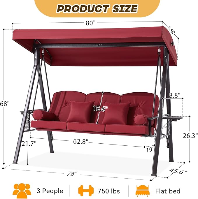 3 in 1 Outdoor Porch Swing with Adjustable Canopy, 3 Seat Outdoor Swing for A...