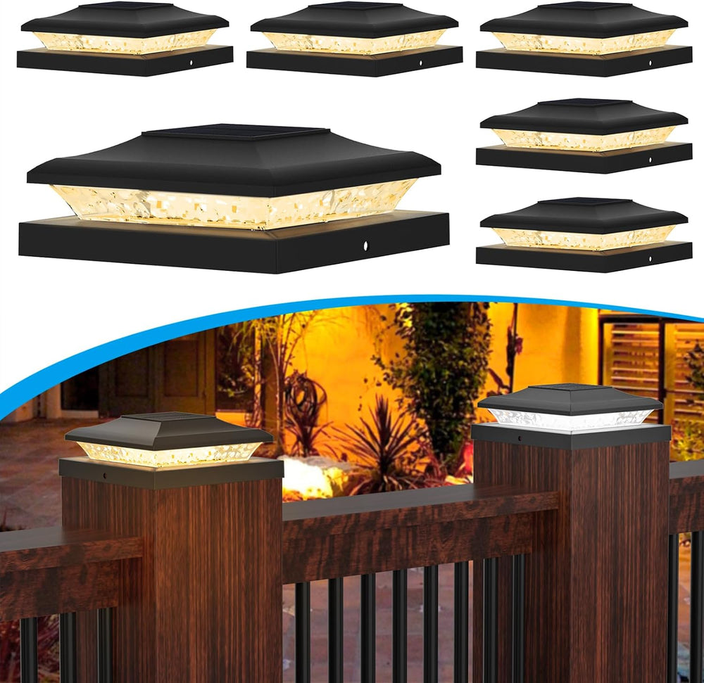 Black Solar Post Cap Lights, Fits 5x5 5.5x5.5 6x6 Posts, 6 Pack