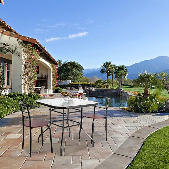VINGLI Glass Patio Table with Umbrella Hole, 32" Square Outdoor Dining T...