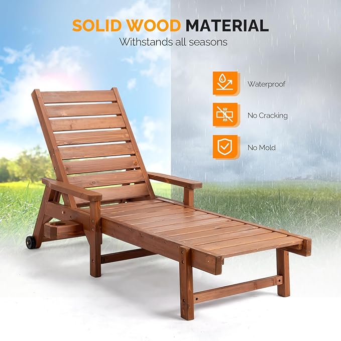 VINGLI Outdoor Chaise Lounge Chair, Wooden Patio Lounger Chair with Adjustabl...