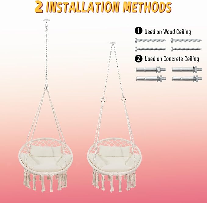 Macrame Hammock Hanging Swinging Chair with Medium Cushion, Perfect for Bedro...
