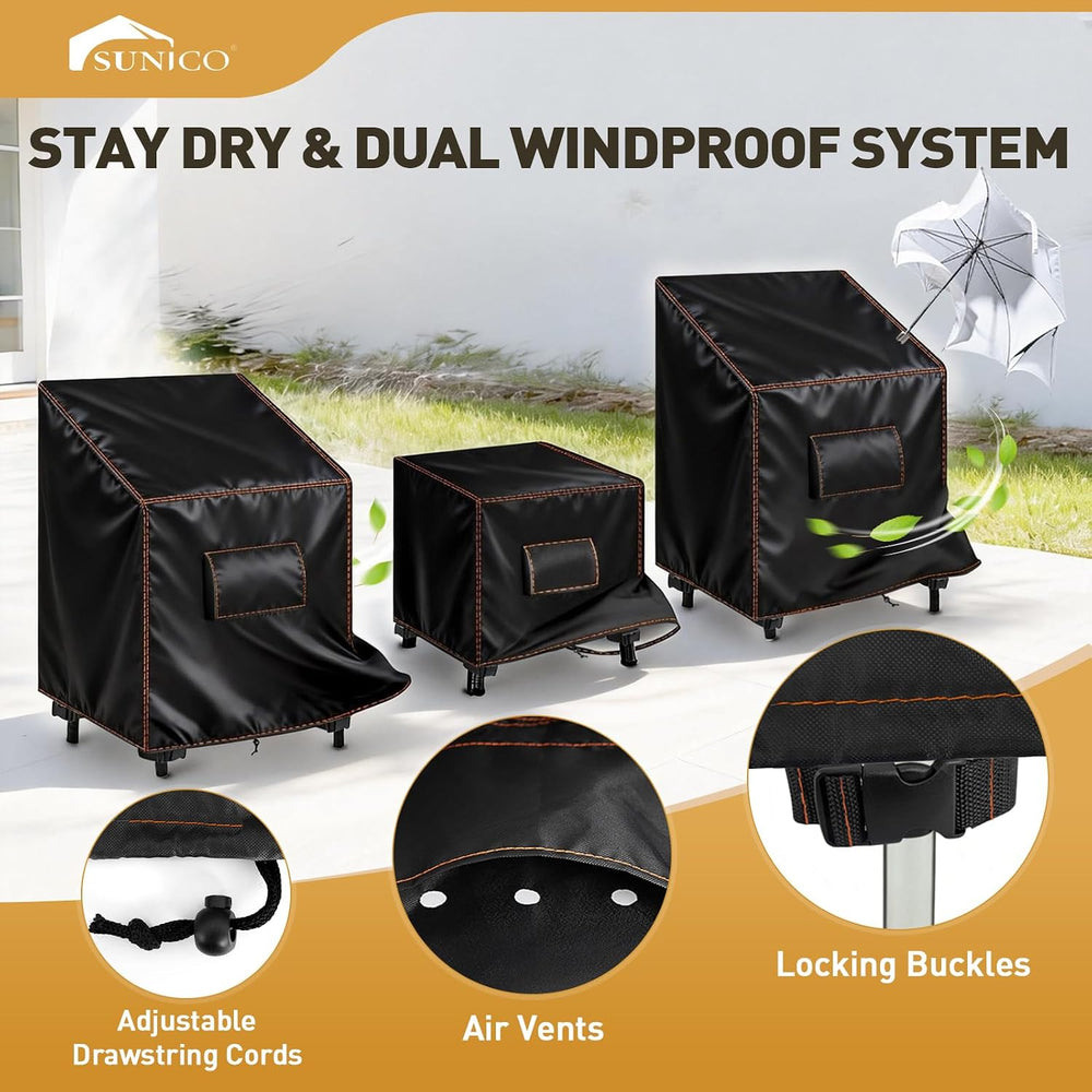 SUNICO Patio Furniture Covers 3 Piece Set,Outdoor Waterproof,Small,Black