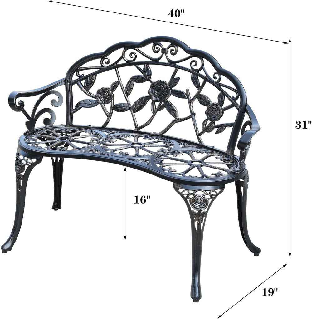 Cast Aluminium Outdoor Bench, Rose Garden Bench for Patio,Park,Lawn,Yard(Bronze)