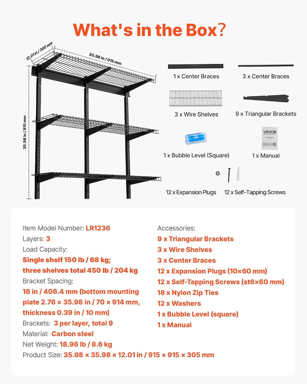 VEVOR 3-Tier Heavy Duty Wall Garage Shelving, 1 x 3 ft Steel Wall Mounted She...