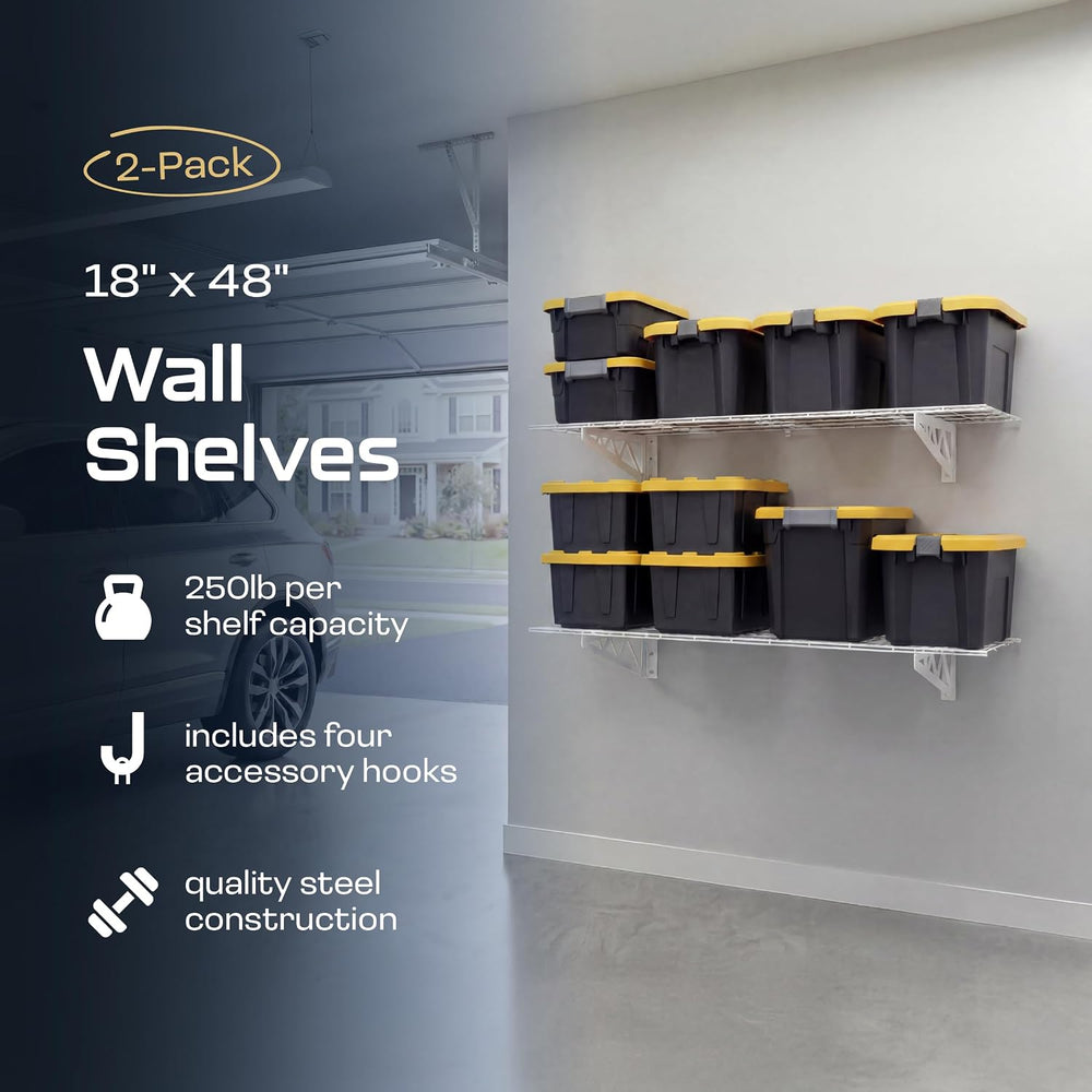 MonsterRAX Heavy Duty Garage Wall Shelving 18x48 2-Pack, Wall Mount, White
