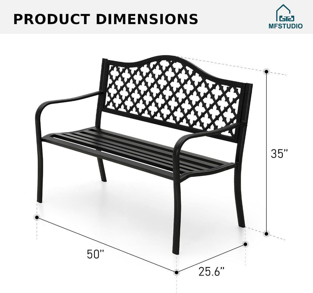 MFSTUDIO Outdoor Metal Bench Set of 2, 50" Black Outdoor Metal Garden Be...