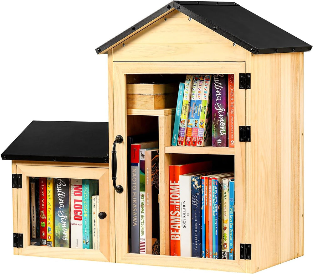 Outdoor Library Book Box, Solid Wood Free Library with Large & Small Comp...