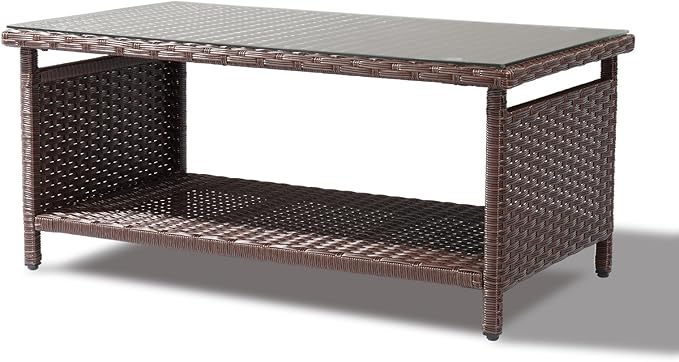 VINGLI Outdoor Wicker CoffeeTable Patio Coffee Tables for Outside, Tempered G...