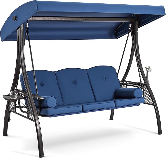 HOMREST 3 Seat Outdoor Porch Swing with 1.5" Deepened Cup Holder, Adjust...