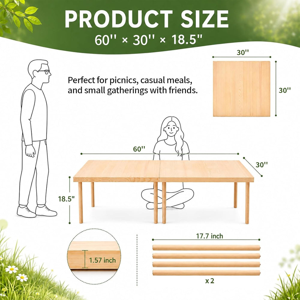 60” x 30” Boho Low Picnic Table, Foldable Solid Wood Picnic Table