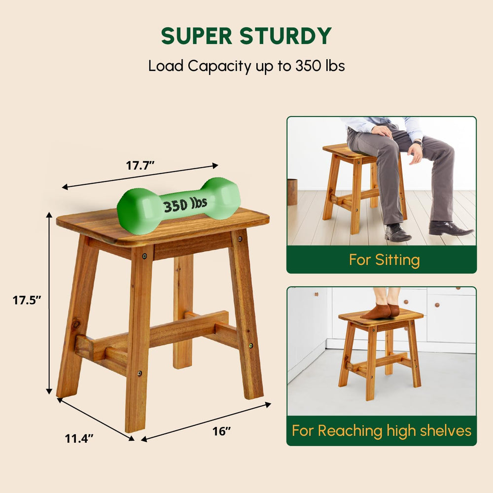 18-Inch Rectangular Acacia Wood Stool, Small Bench, Natural Wood