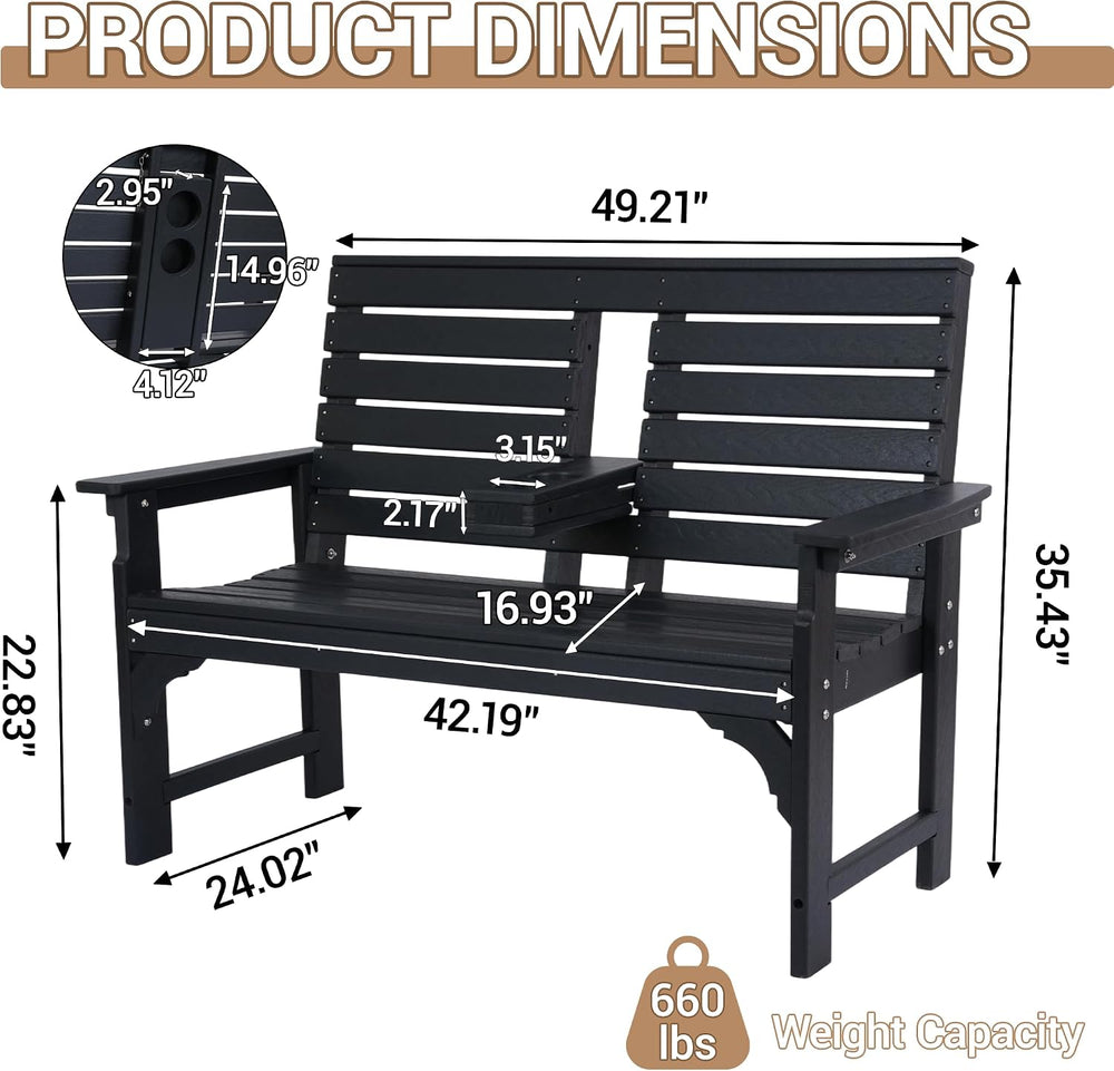 Outdoor Bench with Cup Holders, HDPE 2-Person Weatherproof Patio Benches, Fad...