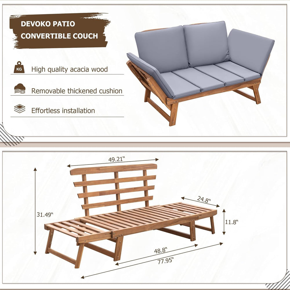 Devoko Outdoor Couch Acacia Wood Outdoor Sofa Balcony Furniture (Grey)
