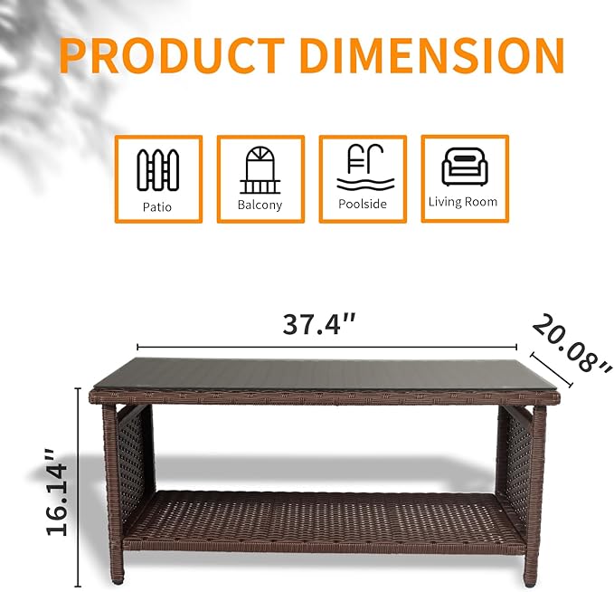 VINGLI Outdoor Wicker CoffeeTable Patio Coffee Tables for Outside, Tempered G...
