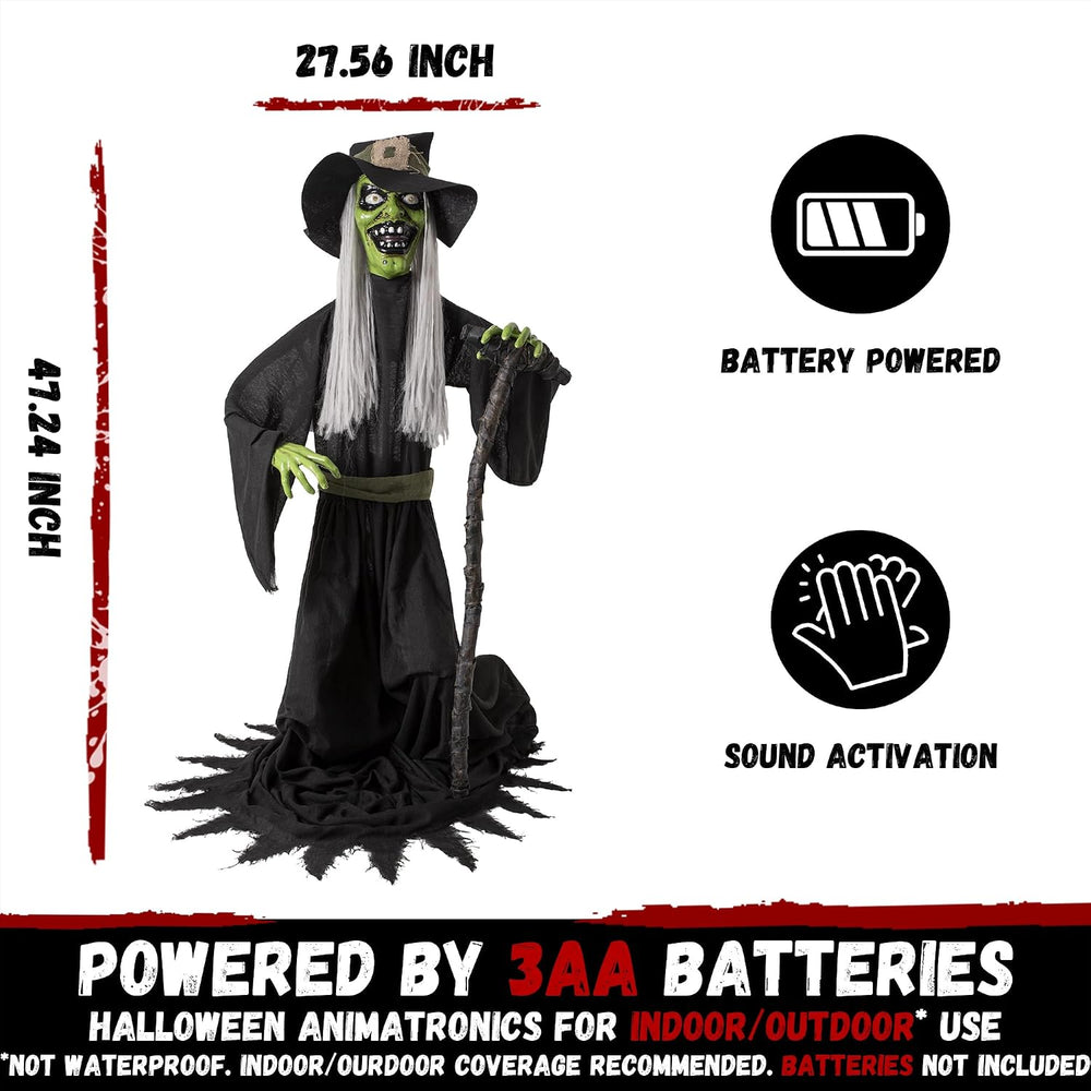 Halloween Animatronic Jump-Scare Witch Decoration, Sound Activated, Red Eyes,...