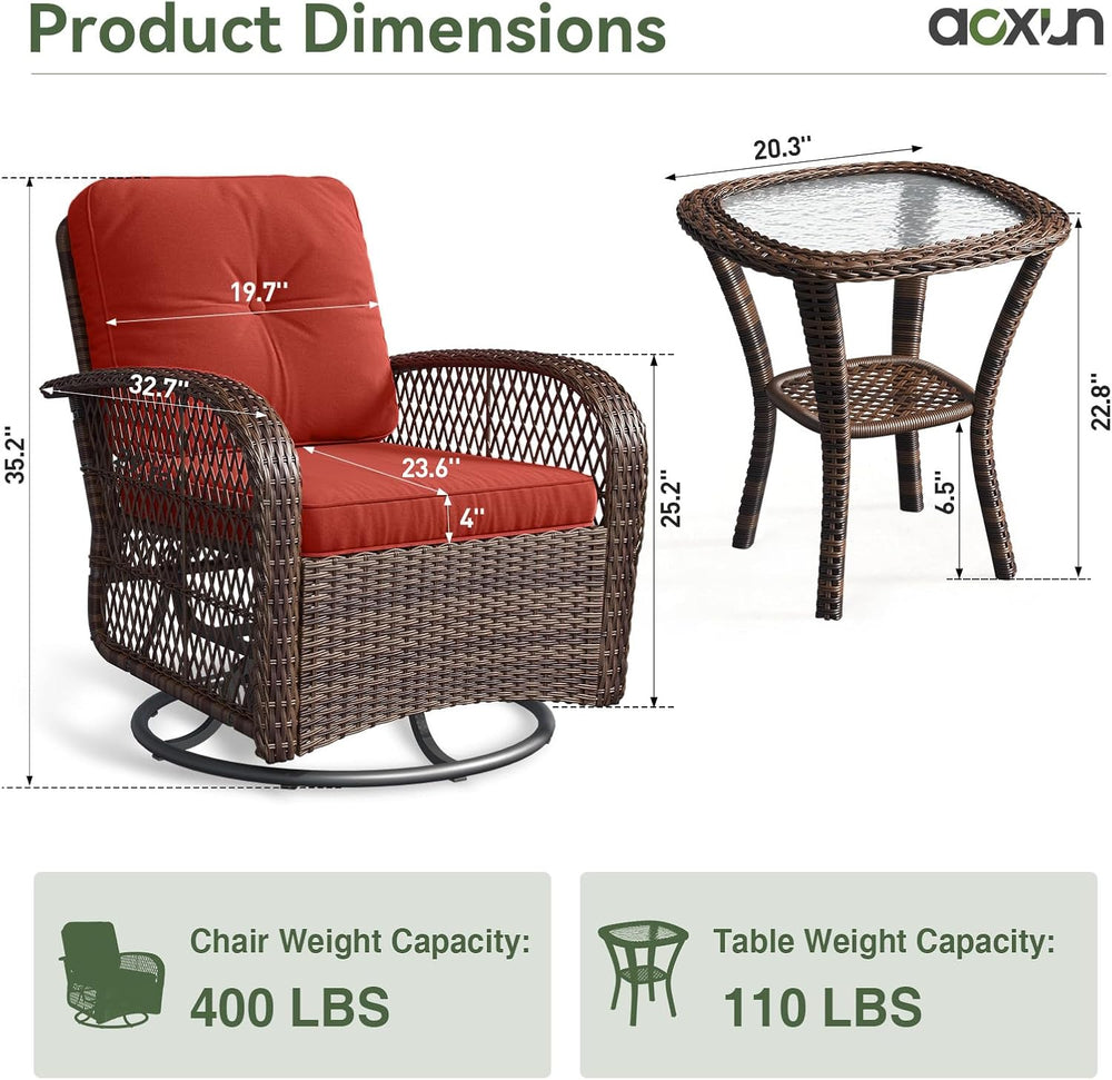 Aoxun 3 Pieces Patio Furniture Set, Patio Swivel Rocker Chairs Set of 2, Wick...