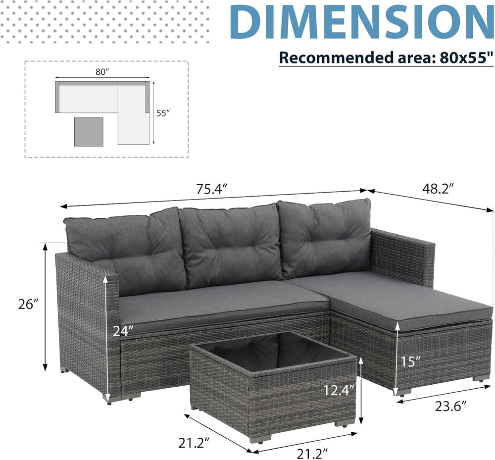 3-Piece Patio Furniture Set, Outdoor Wicker Rattan Sectional Sofa & Patio...
