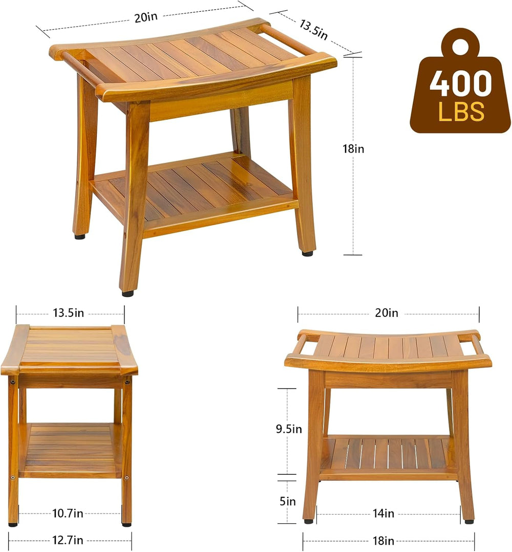 20" Premium Teak Shower Bench with Shelf & Handle, Solid Teak Shower...