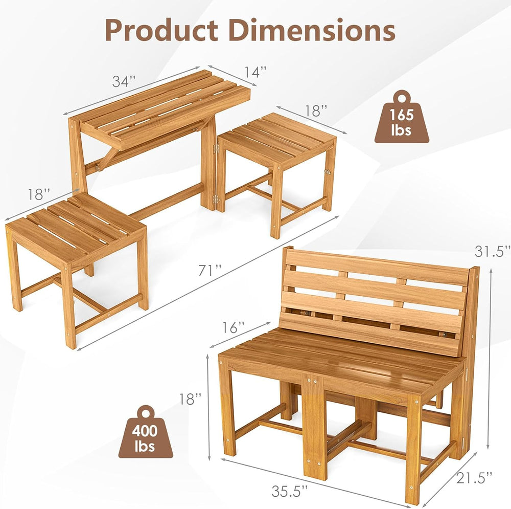 Tangkula 3-in-1 Convertible Bench Bar Table, Patio Convert A Bench
