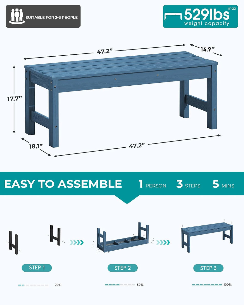 SERWALL 47 Inches Backless Outdoor Bench for 2-Person, Navy