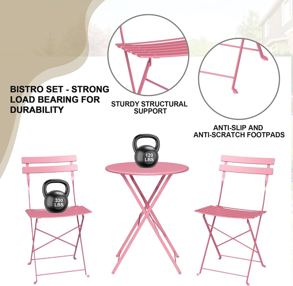 Bistro Table and Chairs Set of 2, 3 Piece Folding Patio Bistro Set, Pink