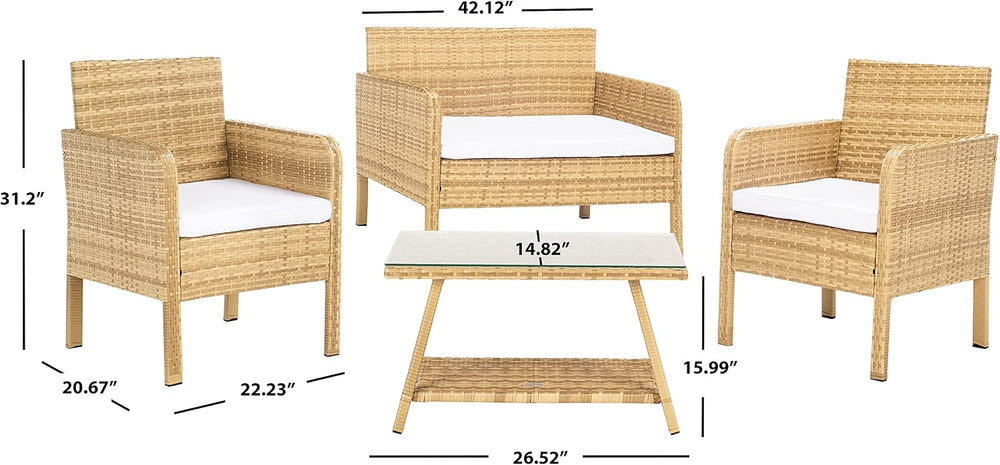 SAFAVIEH Outdoor Collection Aboka Natural/White Cushion 4-Piece Conversation ...