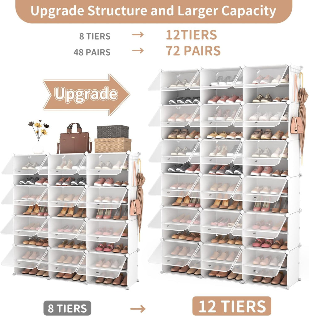ROJASOP Portable Shoe Rack Organizer with Door, 72 Pairs White Shoe Storage C...