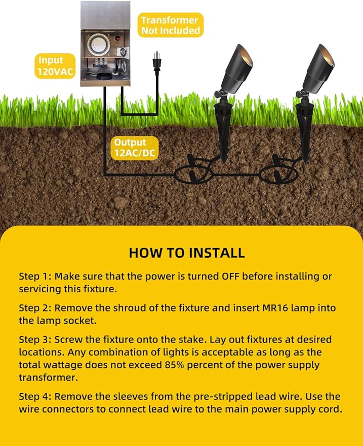 COLOER Brass Low Voltage Landscape Spotlight(Black) 12-Pack with 5W Aluminum ...