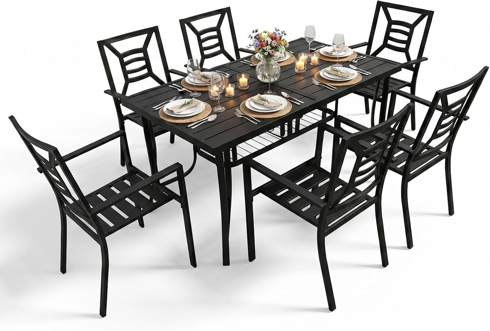 7 Pieces Patio Dining Set for 6, Large 60" Outdoor Metal Table