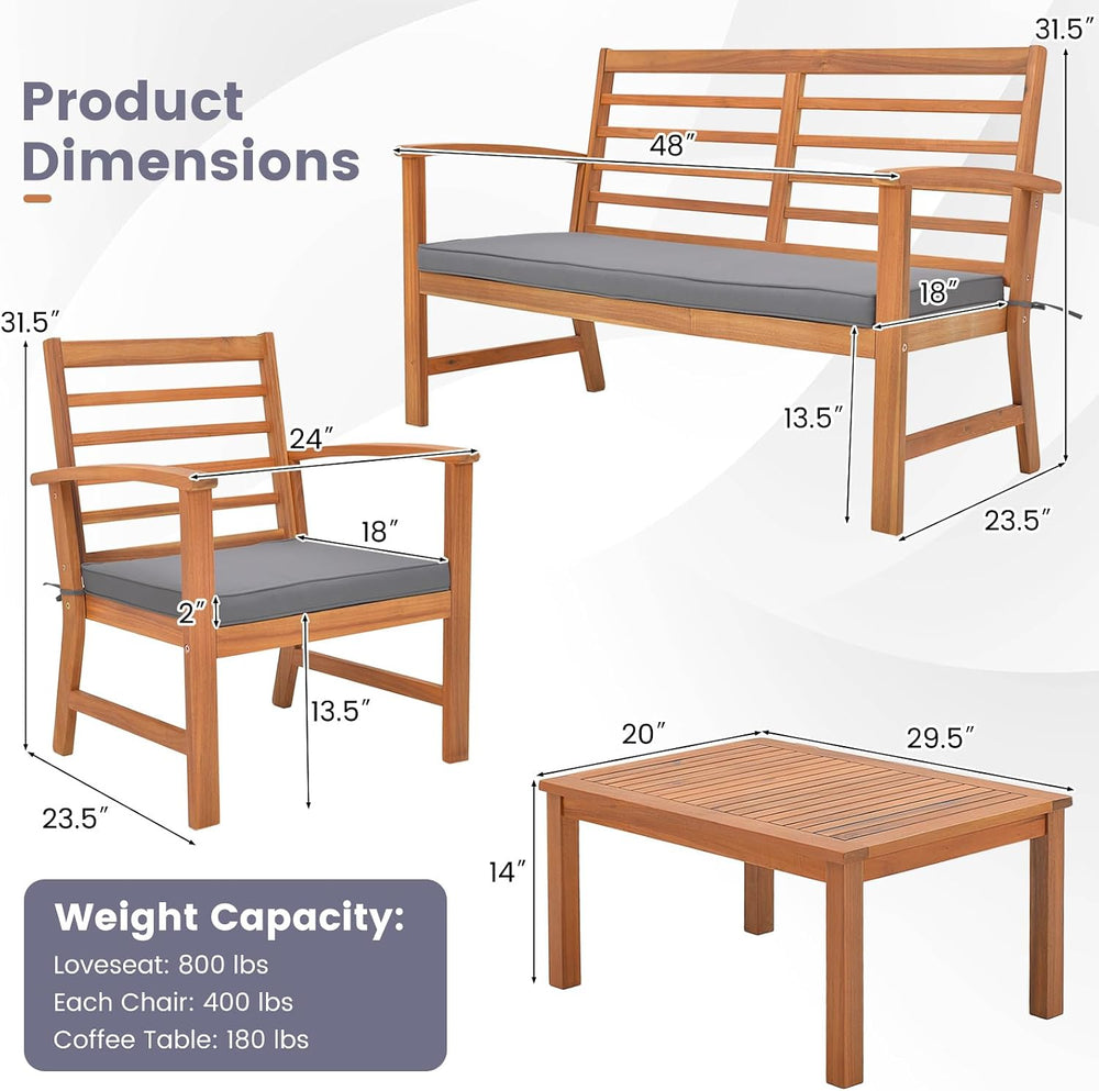 Tangkula 4 Pieces Outdoor Furniture Set, Acacia Wood Conversation Set w/Soft ...