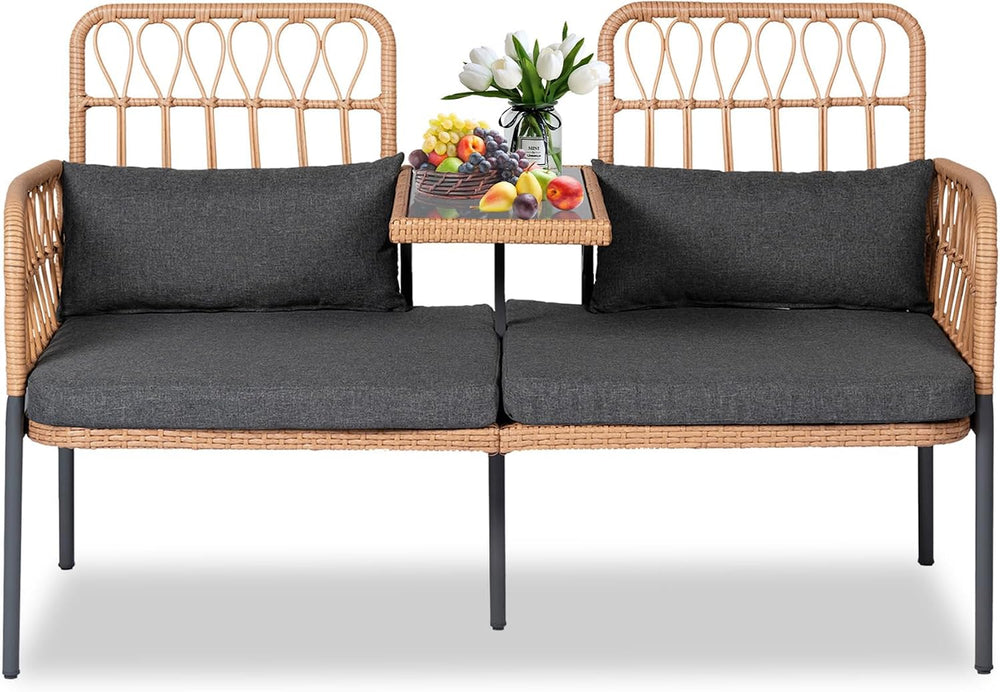 PROHIKER Patio Furniture Outdoor Rattan Loveseat 2-Seat with Built-in Table, ...
