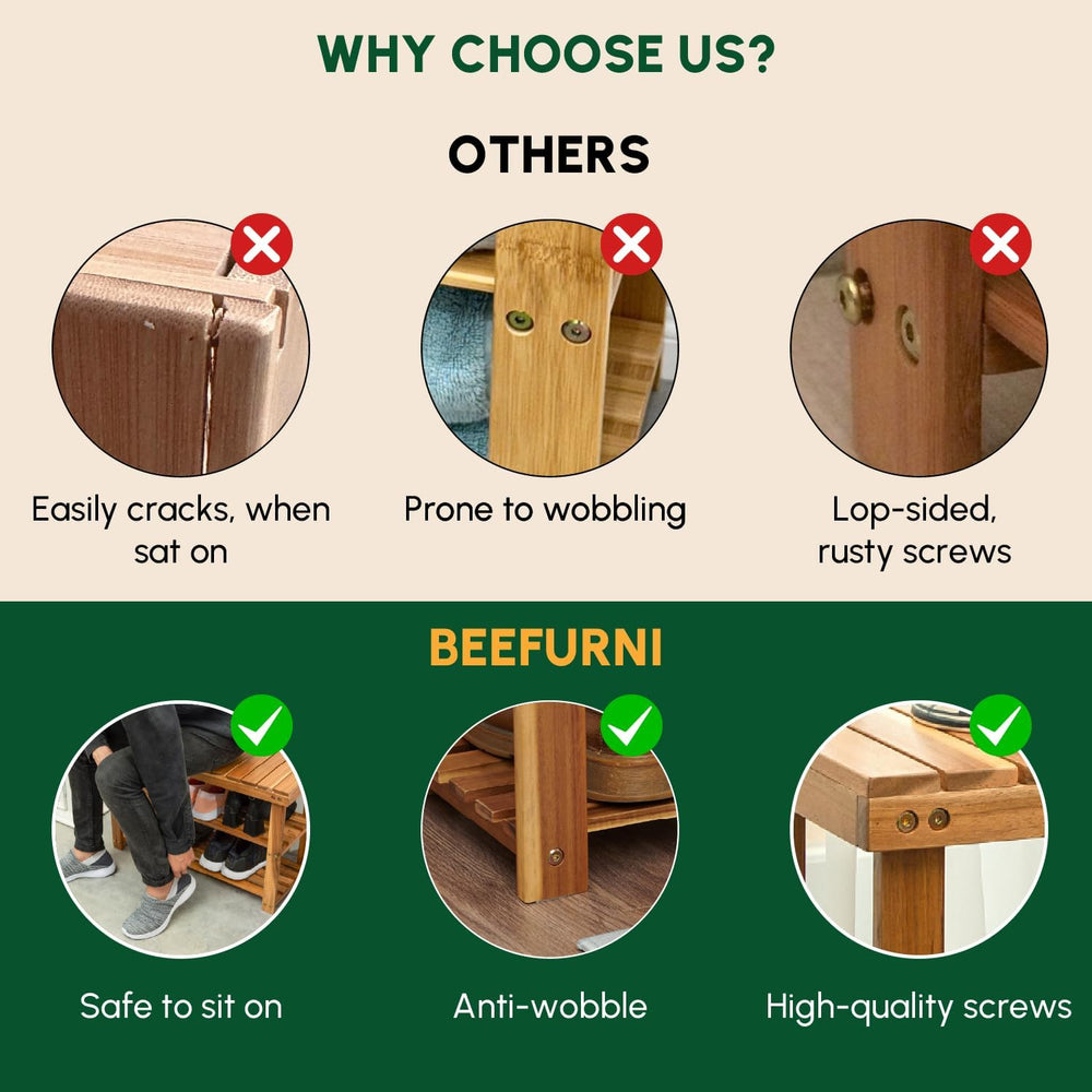 BEEFURNI Acacia Wooden Shoe Rack Bench for Entryway, 3-Tier, Natural
