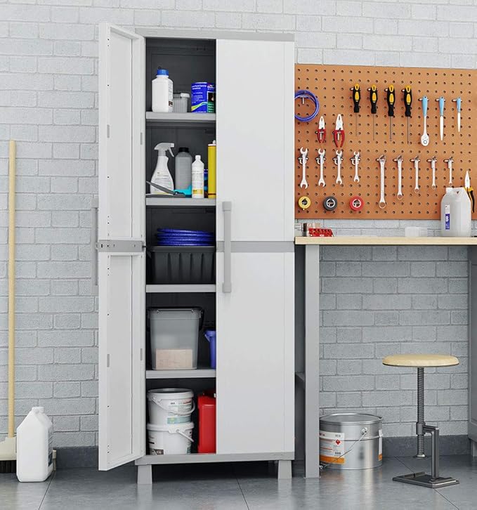 Keter Storage Cabinet with Doors and Shelves for Laundry Room, Garage, Bathro...