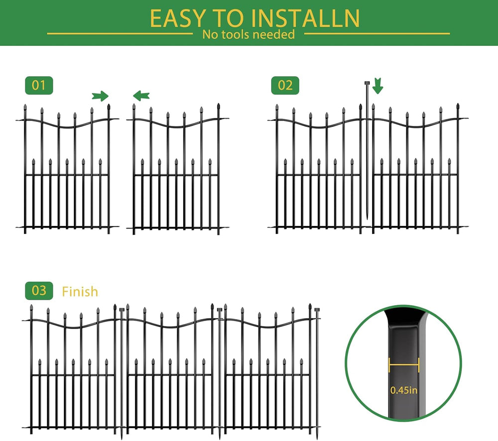 10 Panels No Dig Decorative Garden Fence, 32in(H)×22ft(L) Heavy-Duty Rustproo...
