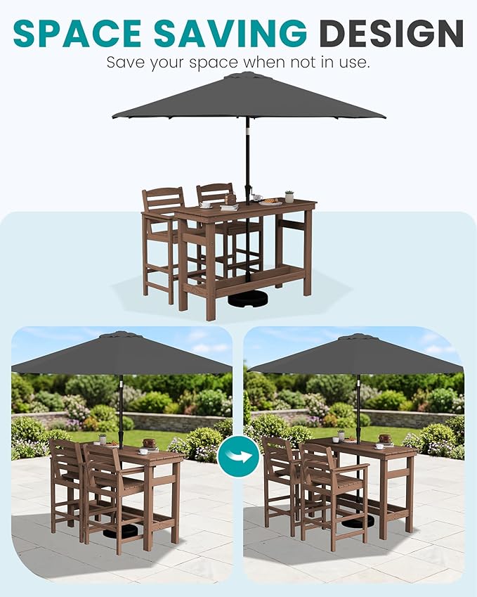 SERWALL Outdoor Bar Set with 9ft Umbrella, All-Weather HDPE Patio Bar Chairs ...