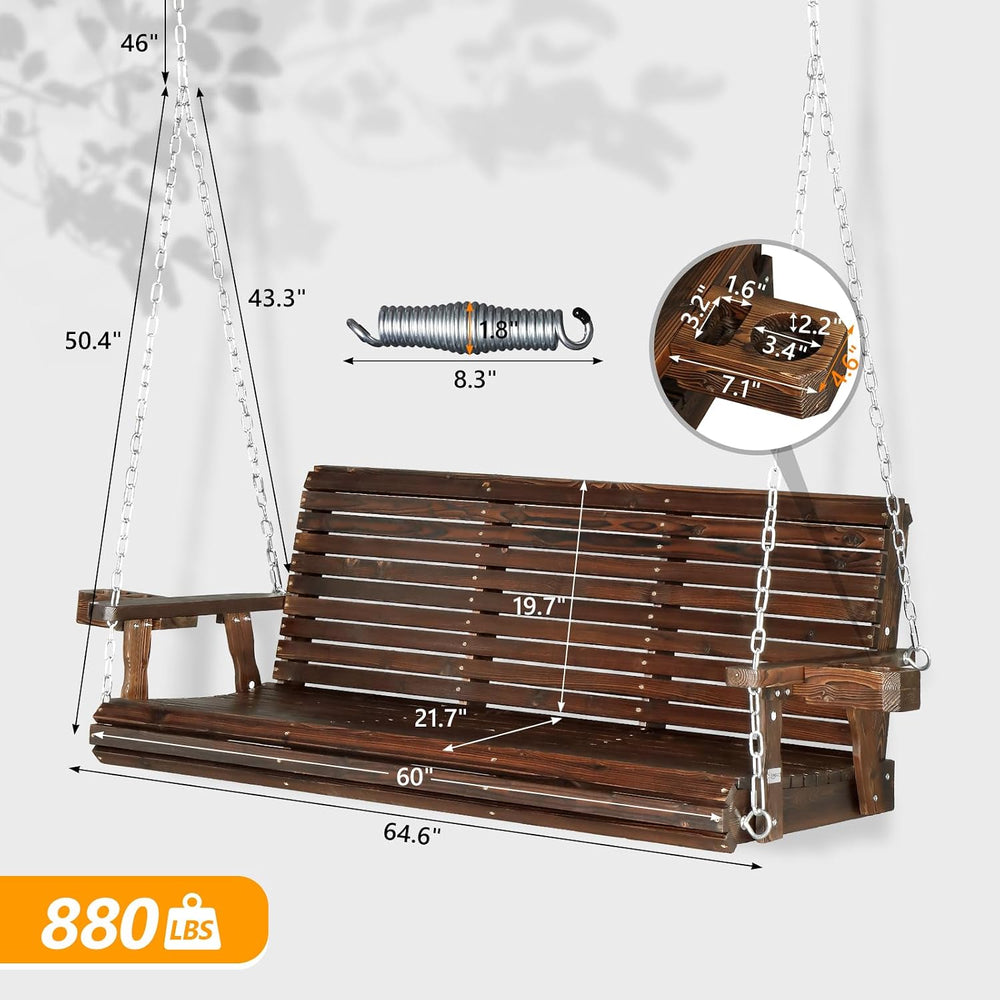 VINGLI XL 5 FT Pro Wooden Porch Swing with Cup Holders, 880 LBS, Rustic