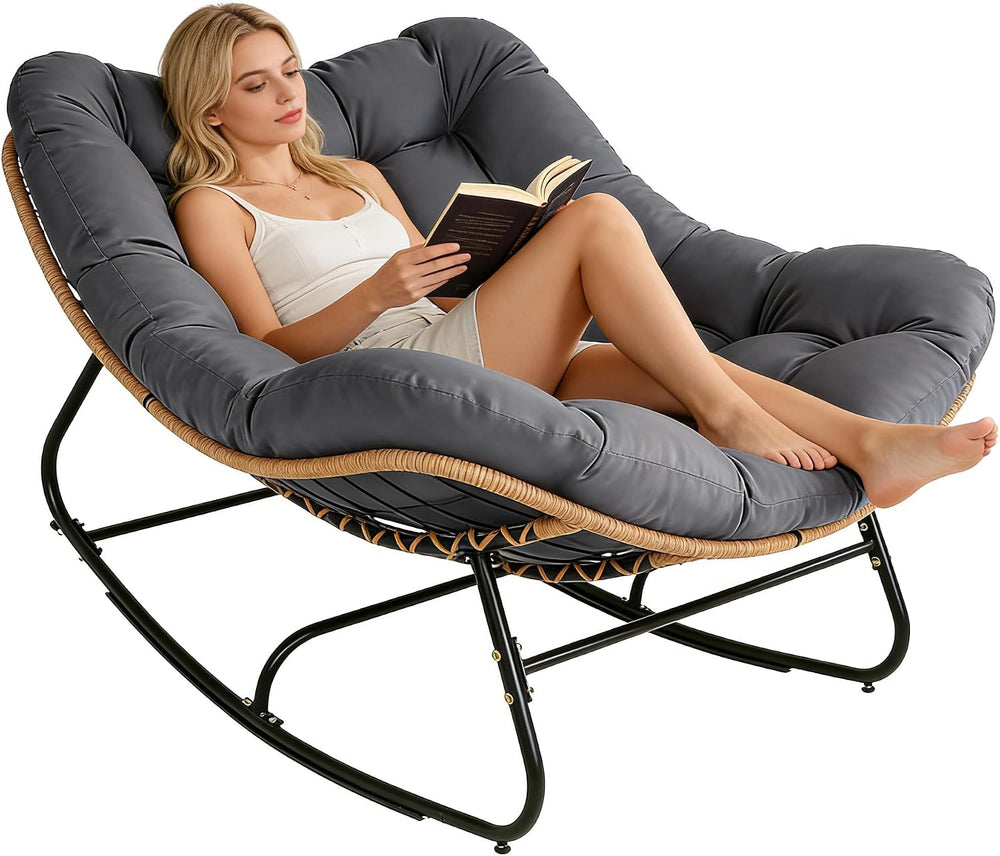 Oversized Wicker Rocking Chair Indoor Outdoor, 450 LBS Heavy Duty Patio Papas...