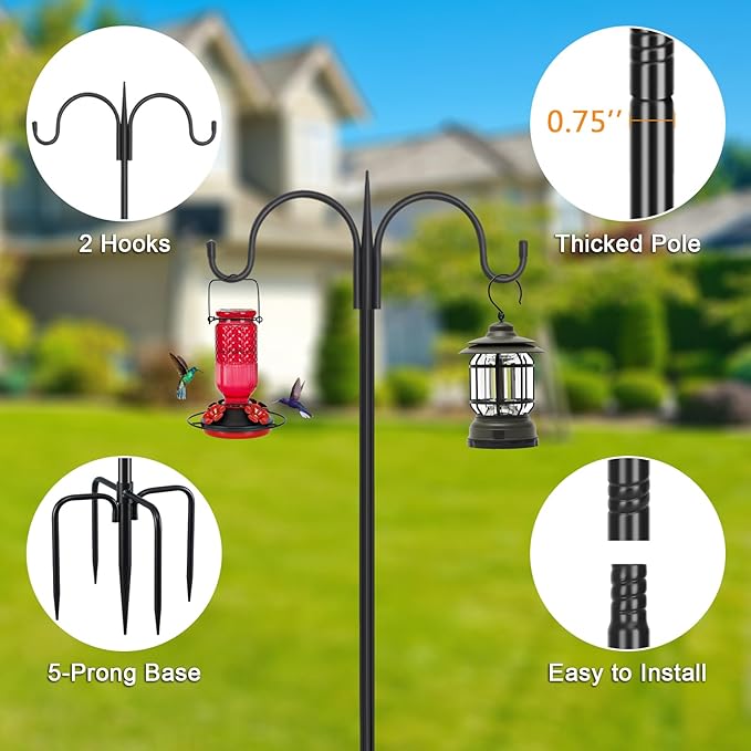 FEED GARDEN Adjustable Double Shepherds Hook for Outdoor with 5 Prong Base 10...