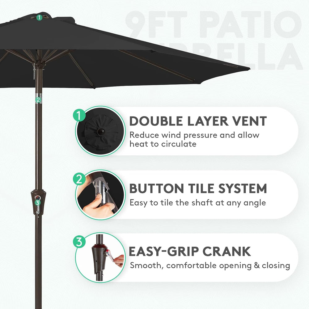JEAREY 9FT Outdoor Patio Umbrella, Market Umbrella, Black